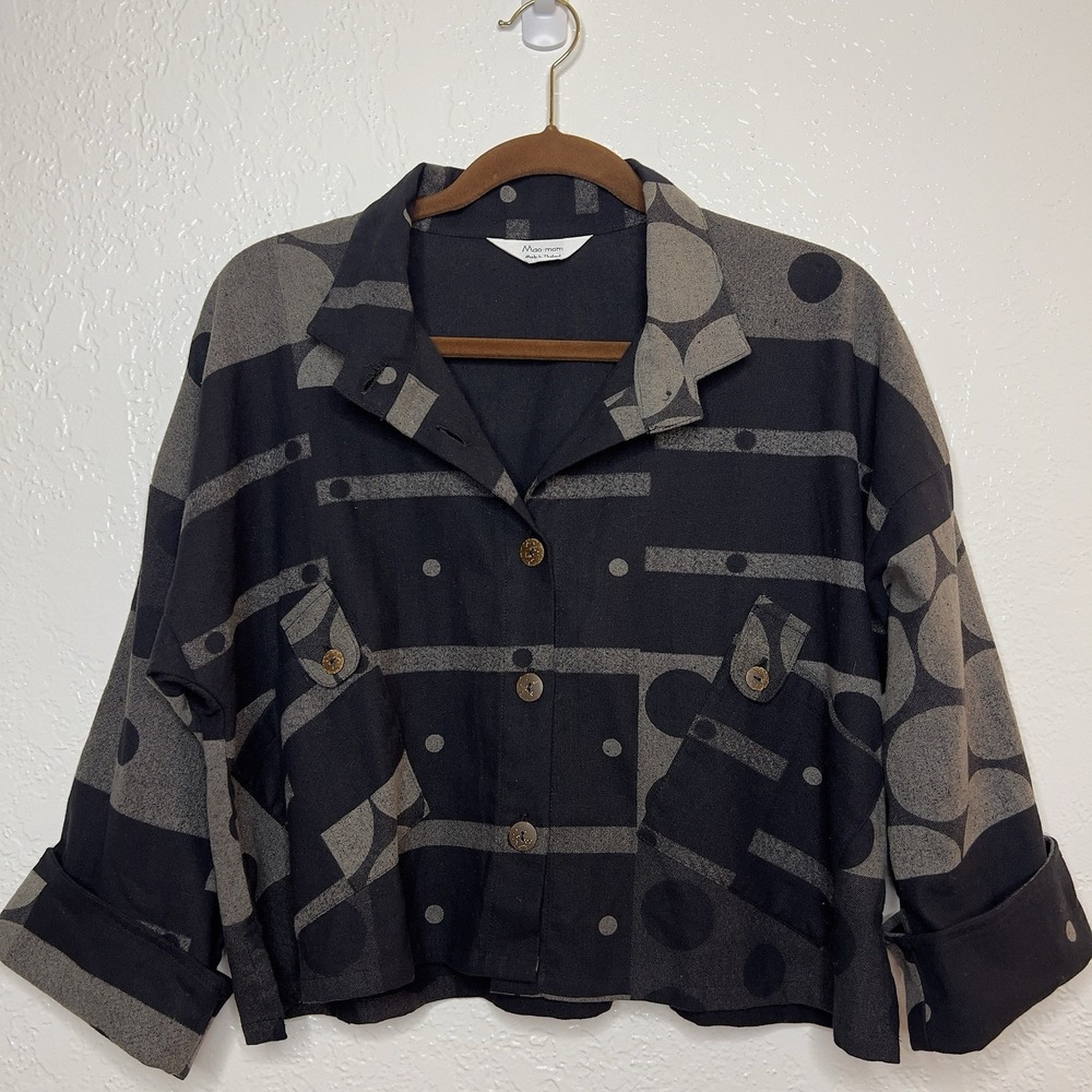 MAO MAM Art to Wear Top Womens Lg Black Patchwork Polka Dot Lagenlook Thailand